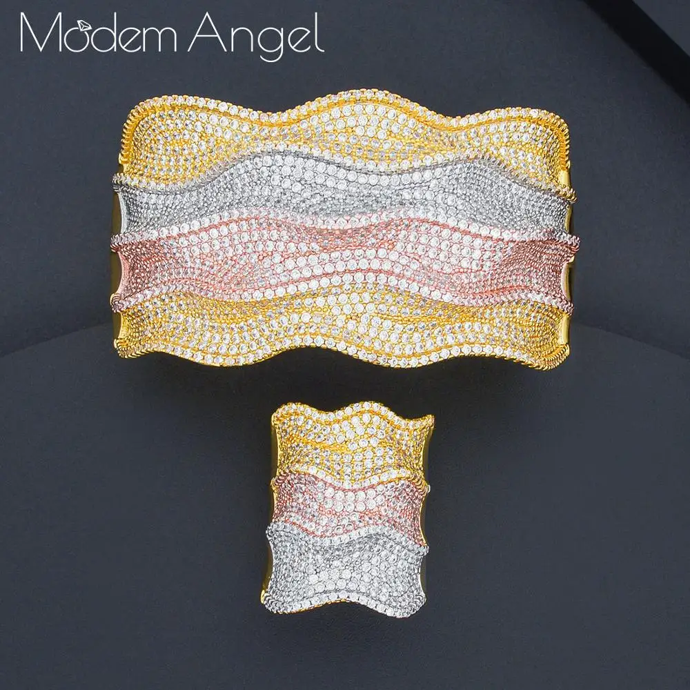 ModemAngel модные роскошные волны супер блестящие AAA кубического циркония для женщин ширина свадебный браслет кольцо наборы для ухода за кожей