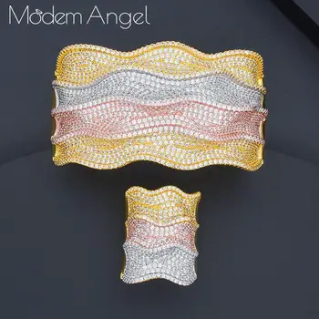 

ModemAngel Fashion Luxury Waves Super Shiny AAA Cubic Zirconia Women Width Bridal Bangle Ring Sets aretes de mujer modernos