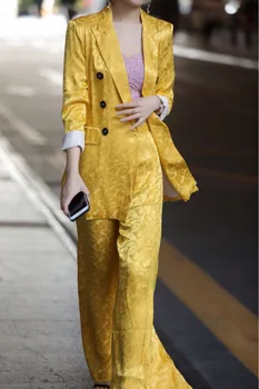 

Twopiece Sets for Women Spring Autumn Clothing Jacquard Satin Jacket + Long Pants Business Women's Outfits 2 Piece Suits