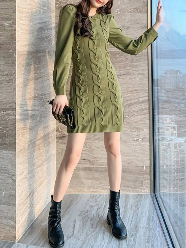 

2020 Autumn Korean Office Woman Slim Dresses One-Piece Women Sweater Knit Dress Female Twist Pattern Bodycon Mini Sweater Dress