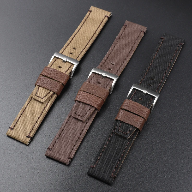 

Onthelevel Canvas Leather Watch Strap 20 22mm Watch Band Black Coffee Khaki Replacement Bralecet For Military Watch #D