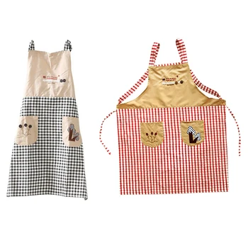 

Promotion! 2x Classical Embroidery Apron Plaid Women Bowknot Kitchen Chef Apron Dress with Pocket Gifts Shoulder Strap Style Red