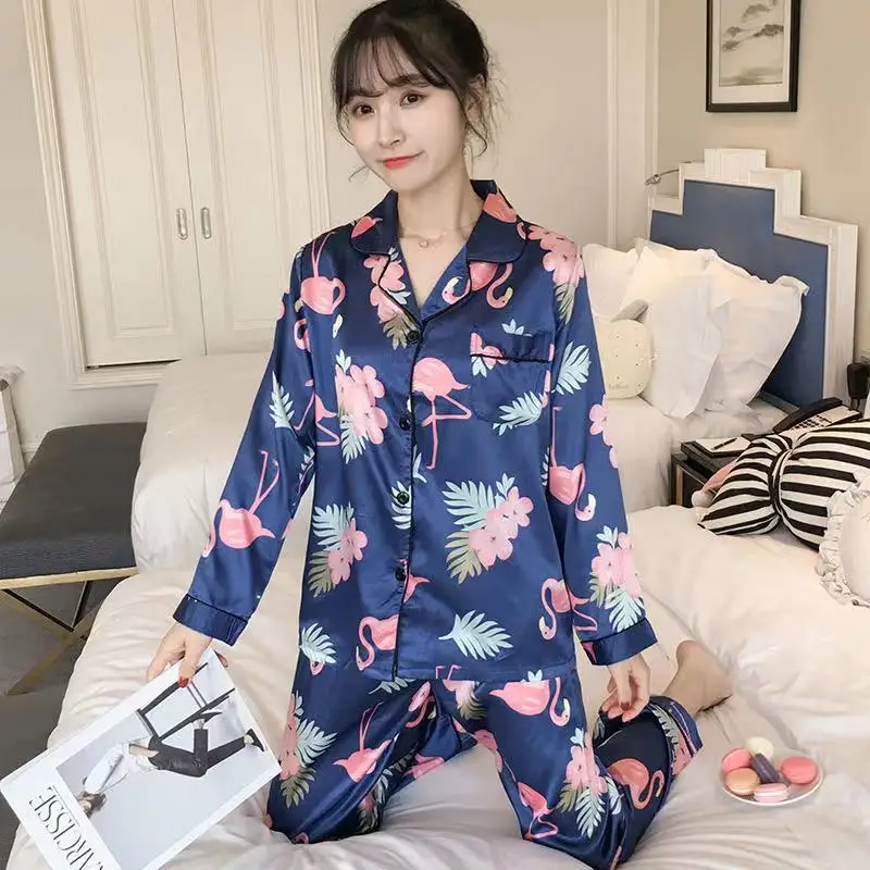 Женская пижама искусственный шелк, атласная пижама, комплект с цветочным принтом и длинными рукавами, комплект из 2 предметов, осенне-зимняя домашняя одежда