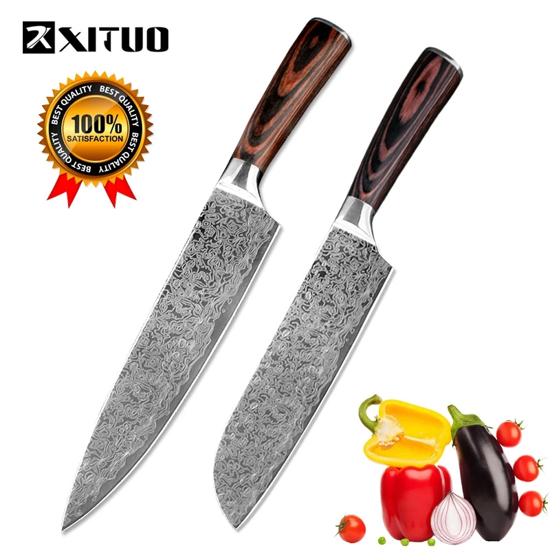 

XITUO 2 pcs Kitchen Knives 8" Inch Chef 7"Inch Utility Santoku Knife Laser Stainless Steel Imitative Damascus Cooking Knife tool