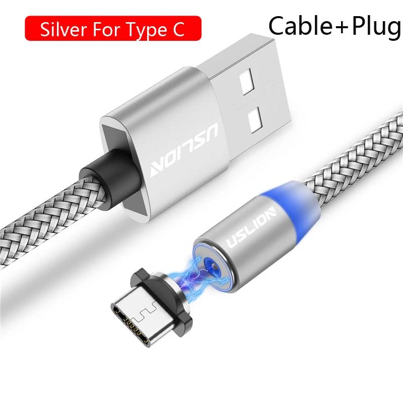 USLION 3 м светодиодный магнитный USB кабель для зарядки, USB для Micro usb type C, зарядное устройство для iPhone 11 Pro Max, Android, телефонный кабель, USB шнур - Цвет: Silver For Type C