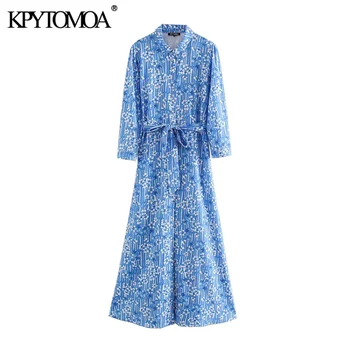 

KPYTOMOA Women 2020 Chic Fashion Floral Print With Belt Midi Shirt Dress Vintage Three Quarter Sleeve Female Dresses Vestidos