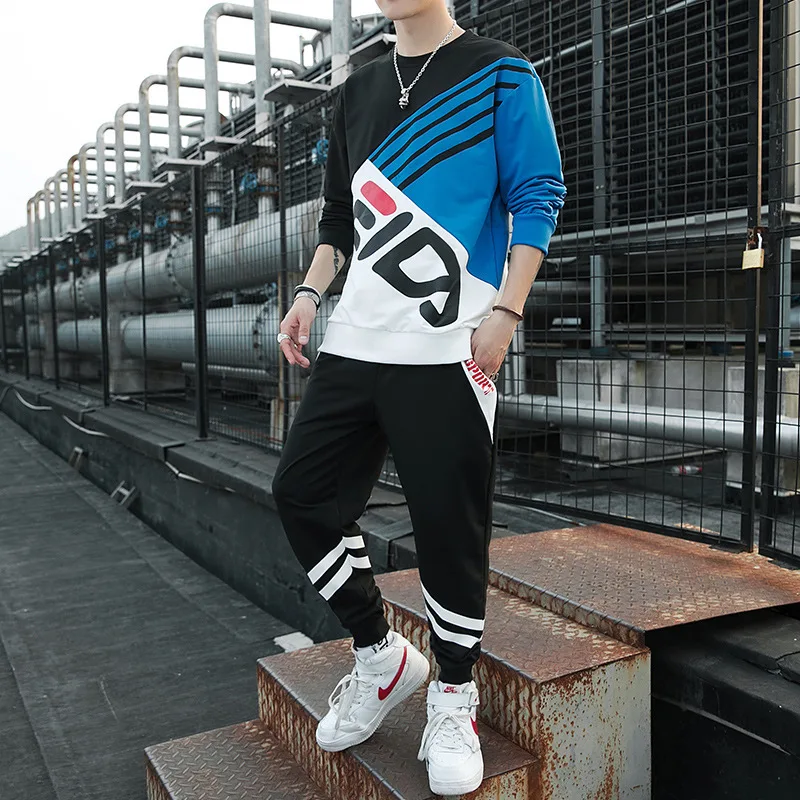 

Men Slim Color Stitching Letter Printing Sports Suit Long Sleeve T-Shirt+Pants 2-piece Sport Running Set