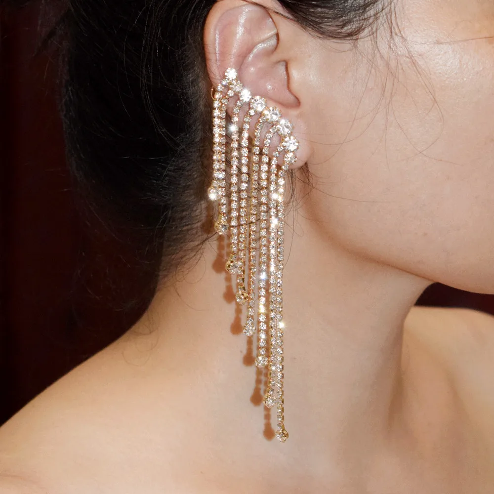 

New Arrival Bling Rhinestone Ear's Clip Dangle Earrings for Women Fashion Jewelry Party Dress Statement Earrings Accessories Hot