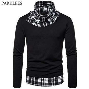 

Black Turtleneck Men Sweater Splice Big Plaid Mens Knitted Fake Two Pieces Sweater Dress Fall Winter Mens Casual SweatersXXL
