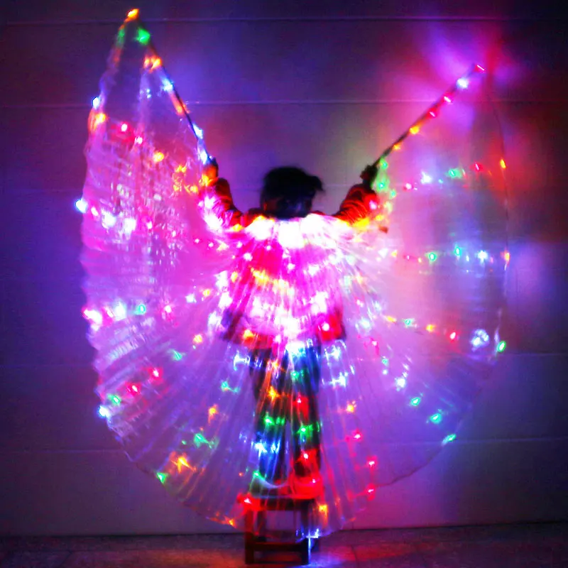 Светодиодный светильник для танца живота, крылья, крылья, костюм радужной расцветки, реквизит для сцены, светодиодный, крылья для танца с палкой - Цвет: Kids110cm-Multicolor