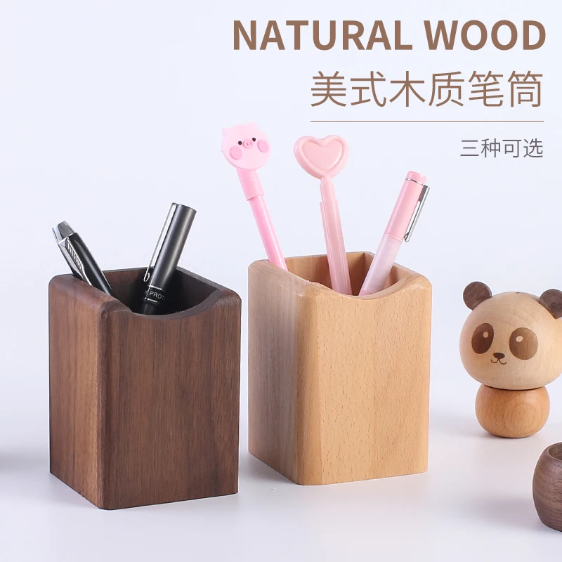 

Solid wood pen holder multifunctional office supplies desktop storage box wooden retro pen barrel desktop decoration