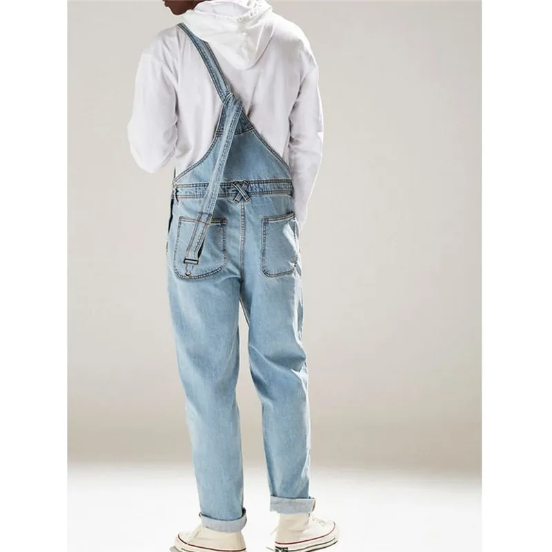 MORUANCLE Fashion Men's Hi Street Denim Bib Overalls Streetwear Jeans Jumpsuits For Man Washed Suspender Pants Size Washed Blue