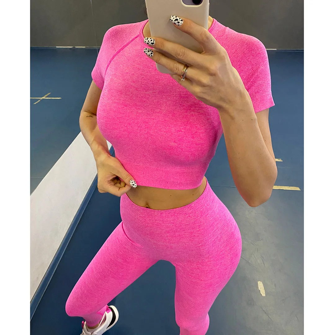 Sportswear Top 2pcs Yoga Set Women Yoga Suit Short Sleeve High Waist Leggings Gym Quick Dry Wear Energy Fitness Suit A012 yoga set sports set gym workout set sportswear set fitness set sports bra set yoga pants set