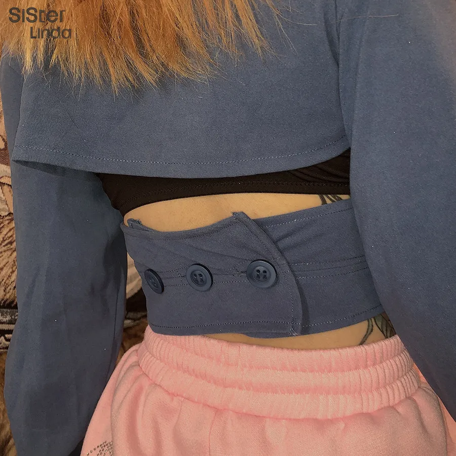 low cost  Sisterlinda Casual Blue Cropped Tops Woman Short Hollow Out Jacket Women Outwear 2019 Fall Retro Ja