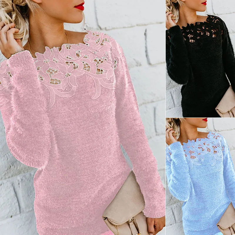 Пикантные черные кружевные женские свитера открытой вязки пуловер с длинными