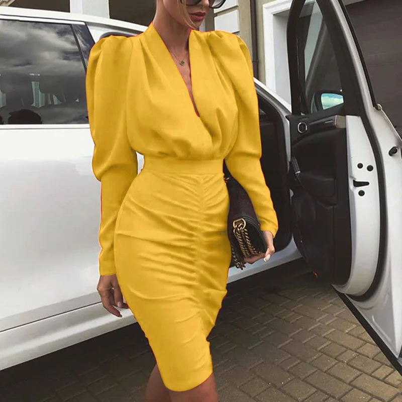 yellow ruched bodycon dress