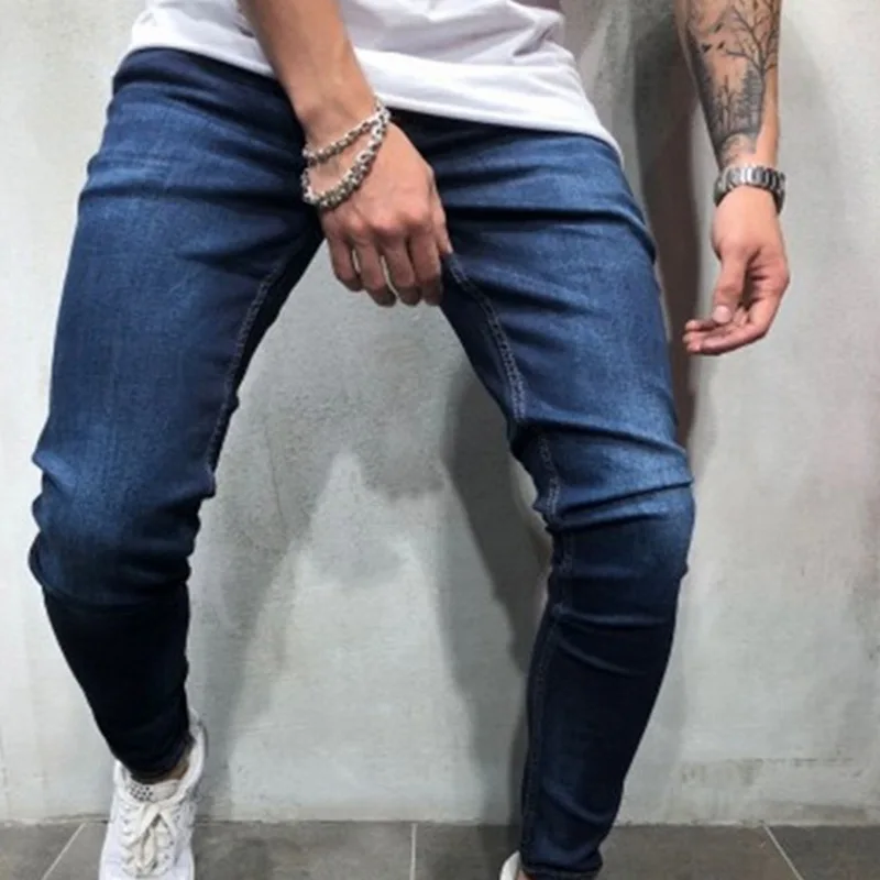 CYSINCOS Pencil Pants Elastic Sweatpants Men Fitness Solid Denim Long Pants Casual Pencil Jogger Casual Pants Black Blue Jeans