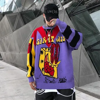 

Fashion Hip Hop Purple Pullover Knit Sweater Men Brand Clothing Sweaters Loose Coat Tops Harajuku Sweaters Men Autumn Streetwear