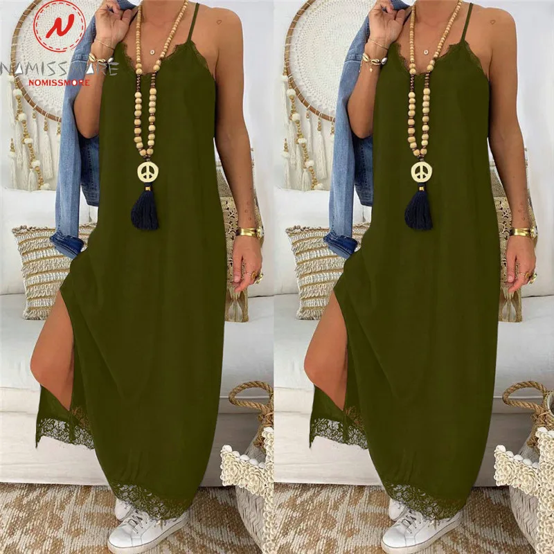 Женское летнее Свободное длинное платье сексуальное на бретельках с V образным