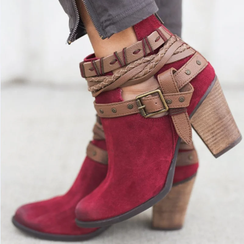 Г., новые модные женские ботинки Осенняя обувь на высоком каблуке Женская повседневная обувь с пряжкой и заклепками полусапожки ботильоны из искусственной кожи