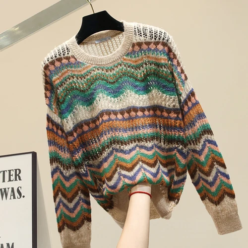 Light brown Женский полосатый пуловер с круглым воротником, вязаный обтягивающий свитер, легкий спелый свитер, женская одежда, свободные свитера, Женский вязаный джемпер - Цвет: Light brown
