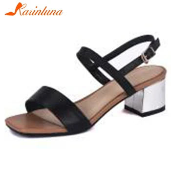 

Karinluna 2020 New Arrivals Genuine Cow Leather Chunky Heels Summer Sandals Women Shoes Buckle Strap Black White Shoes Woman