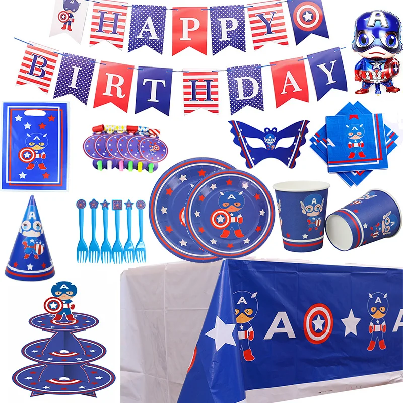 cheap Captain America Theme Party Balloons Set Disposable Tableware Paper Cup Plate Napkin Banner Garland Kids Birthday Party Decor