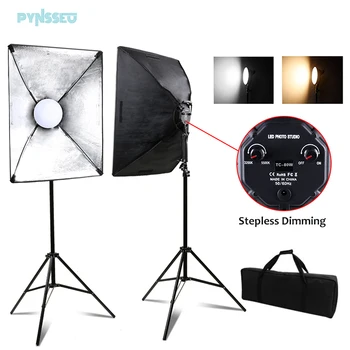 

PYNSSEU 80W-LED Photography Softbox with Bi-color light bulb 3200-5500 Dimmable lighting ，studio equipment kit with 2M stand