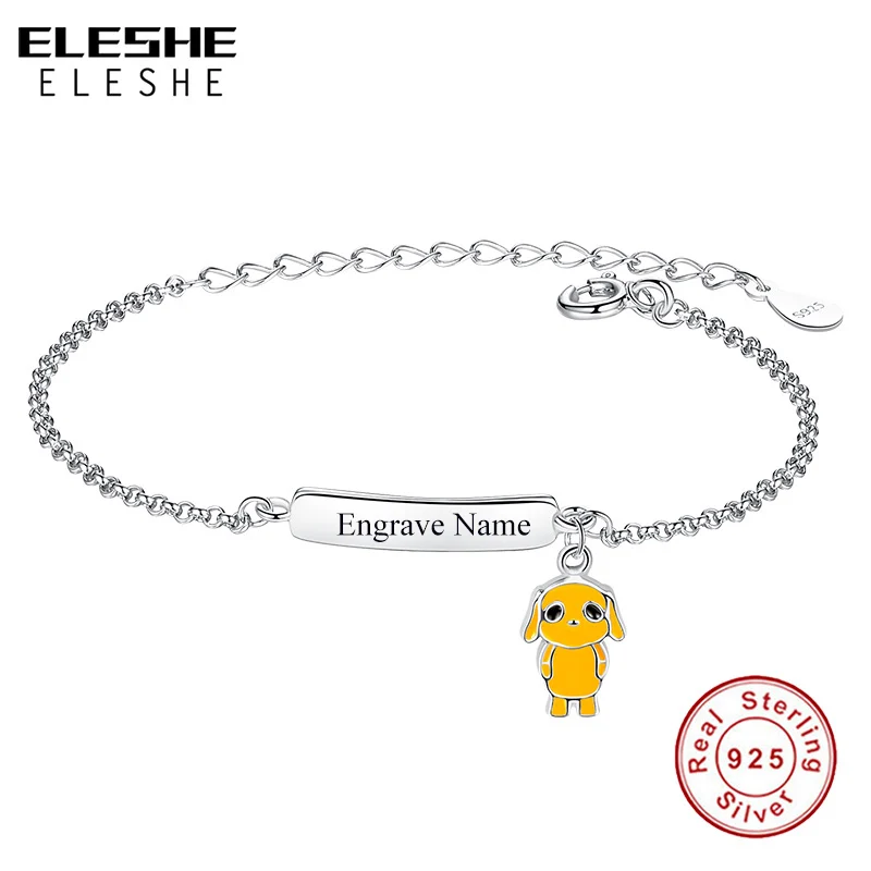 ELESHE 925 пробы серебряный браслет Engarve имя желтая эмаль Милая цепочка с кроликом браслеты для женщин дети персонализированные ювелирные изделия