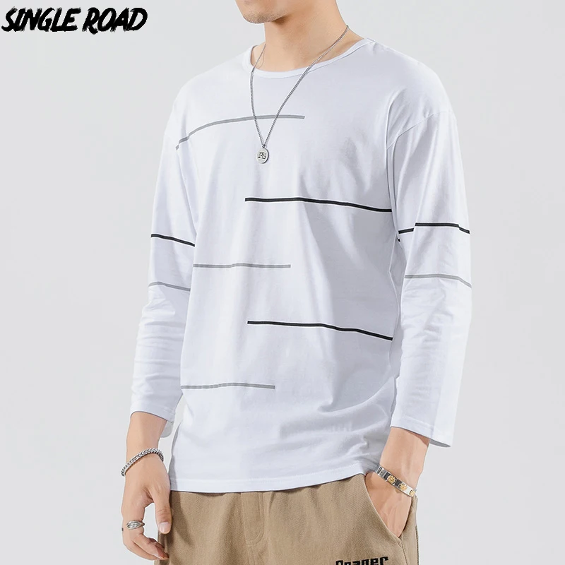 

SingleRoad T Shirt Men 2019 Autumn Streetwear Loose Casual Striped T-Shirt Fashion Round Neck Long Sleeve Tshirt 100% Cotton Top