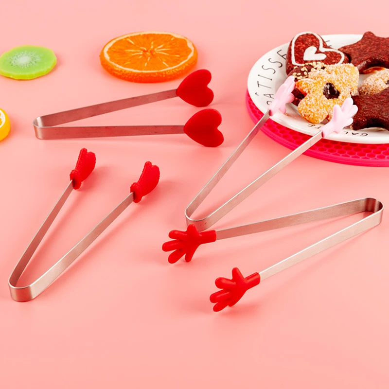 Food Tongs Creative Small Palm Heart Silicone Food Tongs Ice Candy Kitchen Stainless Steel Non-slip Mini Tongs Mini Food Serving Utensil