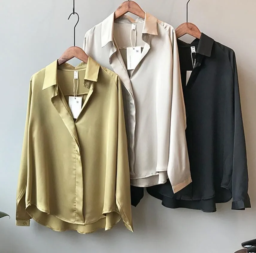 

2019 Autumn Korean Women Fashion Long Sleeves Satin Blouse Vintage Femme V Neck Street Shirts Elegant Imitation Silk Blouse
