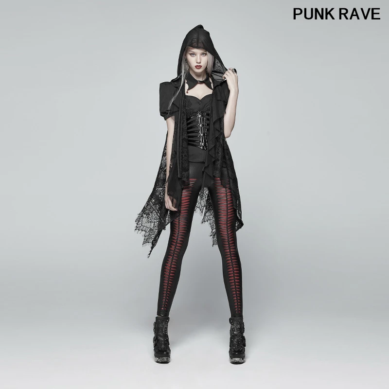 Gothic sexy Women Daily Lace perspective Vest Classic black Loose Short Sleeve Summer Long Hooded Waistcoat PUNK RAVE OY-973MJF | Женская