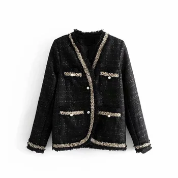 

2020 Spring Women Wool Blends Coat Open Stitch Woolen Cloth Socialite Tweed Small Air Fragrance Coats Outerwear White Black