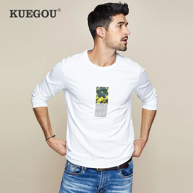 KUEGOU осень хлопок черно-белая футболка с принтом Мужская футболка брендовая футболка с длинным рукавом Футболка модная одежда Топ 7757