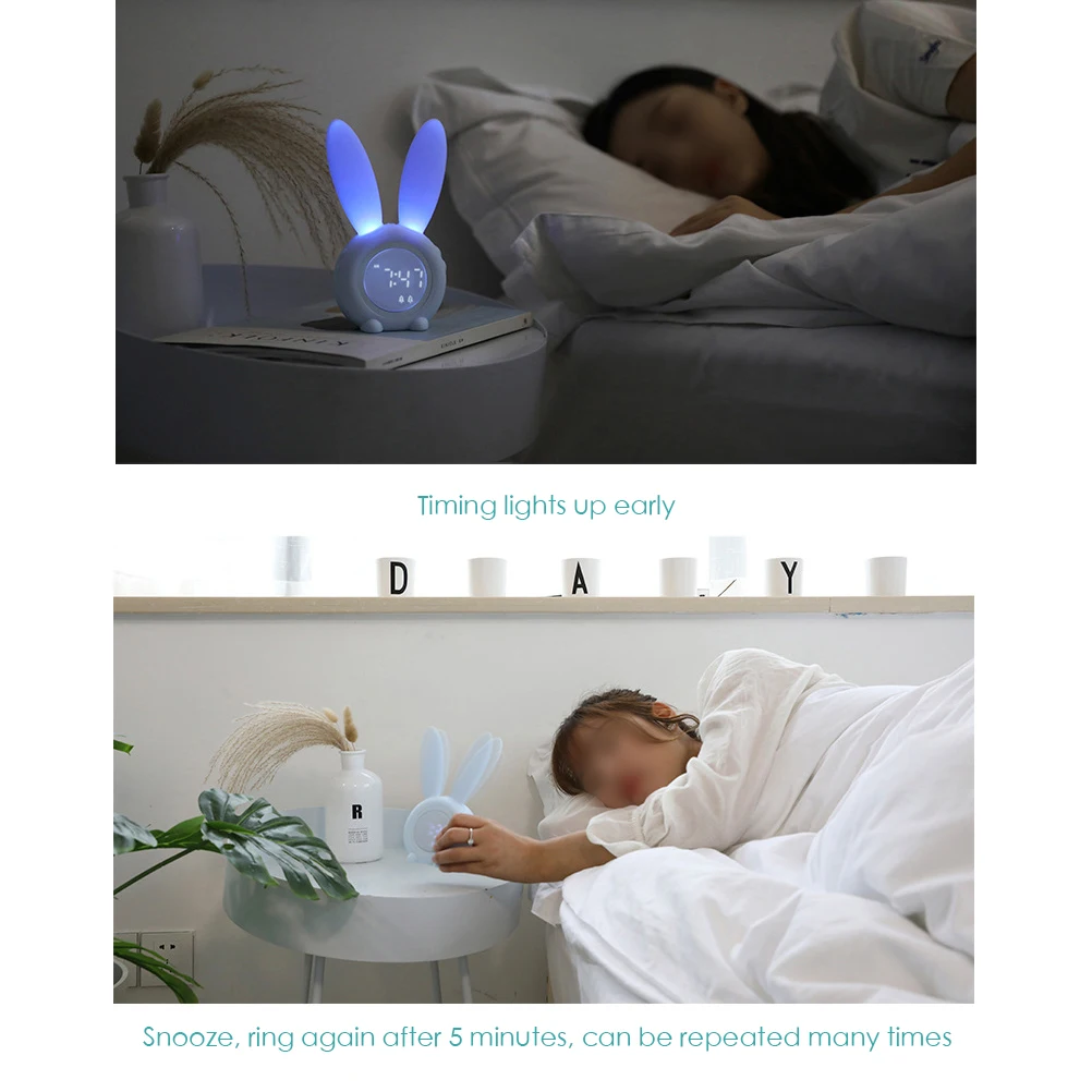 Милый кролик цифровой будильник Wake Up Light Настольная Светодиодная лампа Повтор часы Sunrise Sunset настольные часы украшение