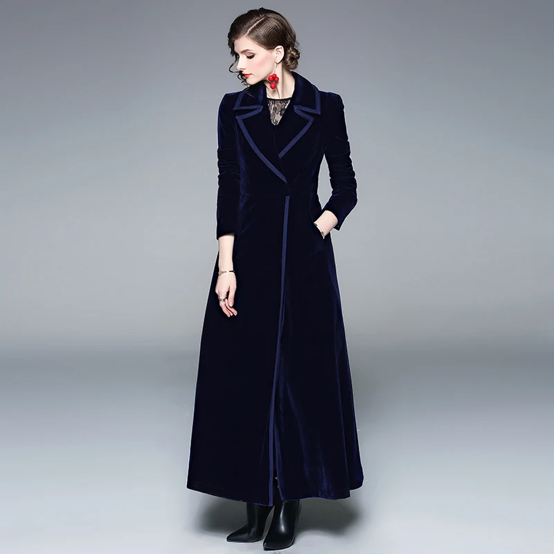 New Winter Runway Designer Women Vintage Notched Collar Wrap Black Velvet Maxi Coat Thick Warm Long Trench Coat Outwear