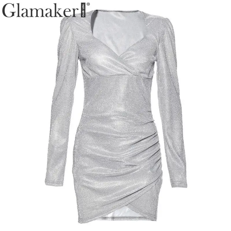 Glamaker, сексуальное Плиссированное блестящее платье, короткое, Осень-зима, с длинным рукавом, элегантное платье, женская мода, короткие платья, женские, вечерние, ночные