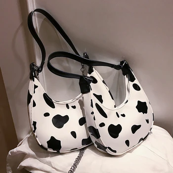 

Personalized Cow Pattern Bag Cute Women Shoulder Bag Half Moon Shape PU Leather Ladies Purses and Handbag Crossbody Chian Bag