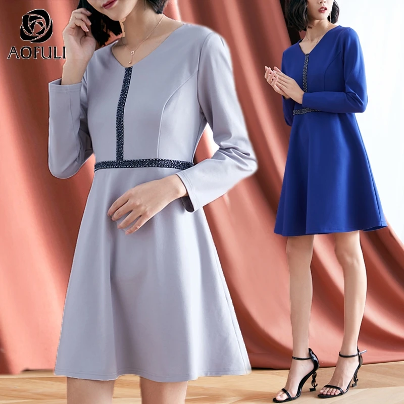 Однотонное осеннее платье с бисером и длинным рукавом Размеры M ~ 4XL 5XL осень 2020