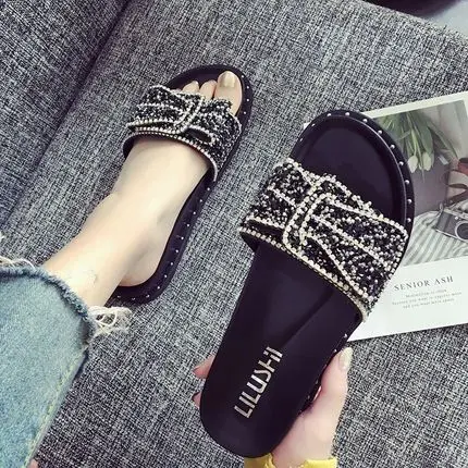 Summer Fashion Sequined Rhinestone Thick-soled  Korean version Flat-bottomed Wear-resistant Women's Sandals  Slippers