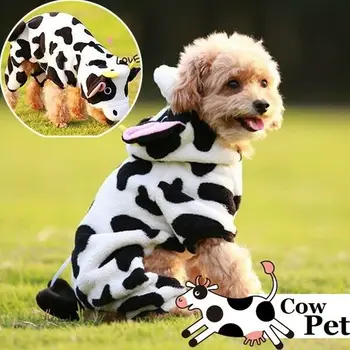

Winter Pet Dog Cat Costumes Cute Cartoon Cow Clothes For Puppy Cats Halloween Costume Plush Warm Hoodie Cosplay Animal
