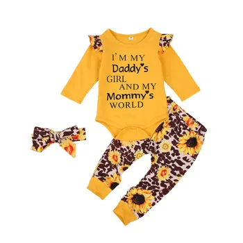 

0-24M Newborn Baby Girl Long Sleeve Letter Print Cotton Bodysuit Tops Sunflower Pant Trouser Headband 3PCS Baby Clothing Set