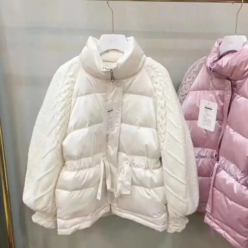 Женские зимние куртки, новые модные женские Короткие пуховики, Лоскутные Свитера с рукавом, белые пуховики, теплые парки, пальто
