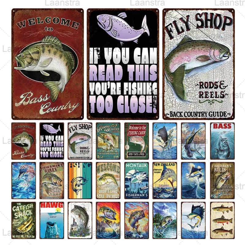 Fishing Vintage Posters Metal Tin Sign Tuna Salmon Fish Wall Art Home Decorations For Club Iron Plate Fishers Man Rules | Дом и сад