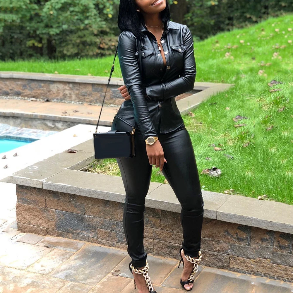 Женский Повседневный однотонный костюм из искусственной кожи рубашка с отложным