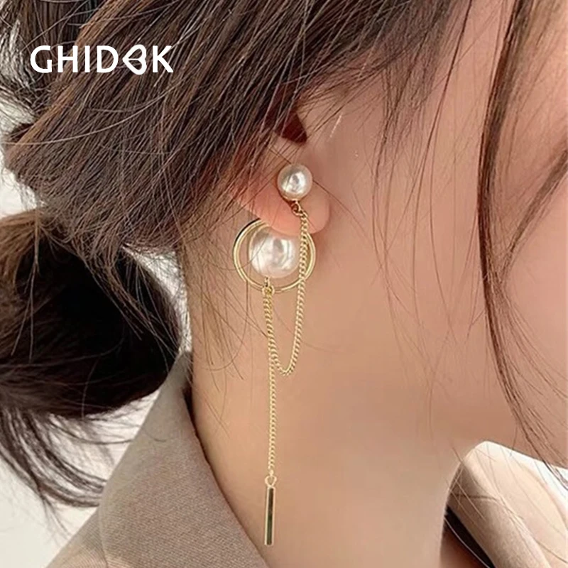 GHIDBK изящные длинные серьги-гвоздики с искусственным жемчугом Украшенные Стразы