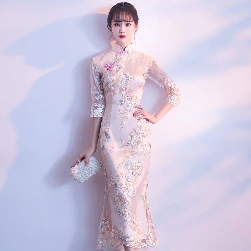 Современное китайское платье Qipao сексуальное Чонсам бежевые платья повседневные женские кружевные Традиционные вечерние платья Vestido восточные Свадебные