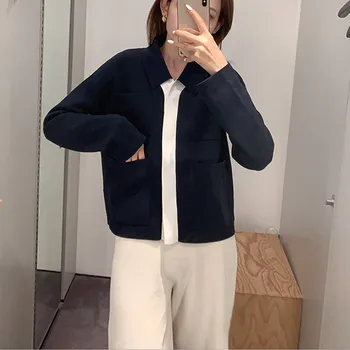 

2020 Early Autumn Women Knit Short Sweater Coat Color Patchowork Single-breasted Cardigan Female Knitwear Tops With 4 Pockets