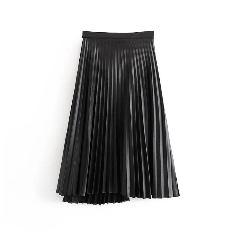 Black Faux Leather Pleated Skirt Streetwear Asymmetrical Midi Shirt With Belt Autumn Winter Vintage Elegant Office Skirt